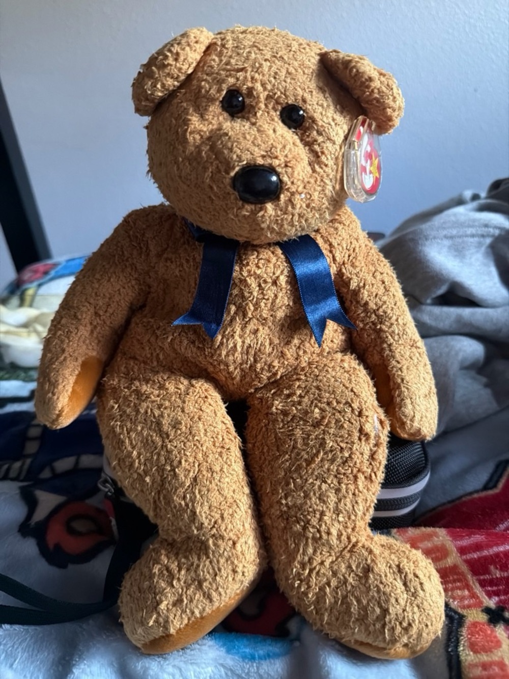 Ty Brown Teddy Bear with Navy Blue Ribbon